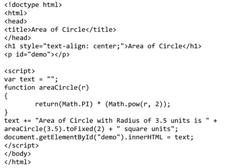area of circle in javascript w3schools