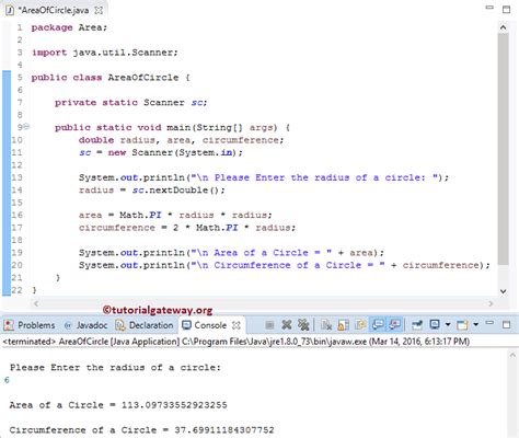 area of circle program in java with scanner