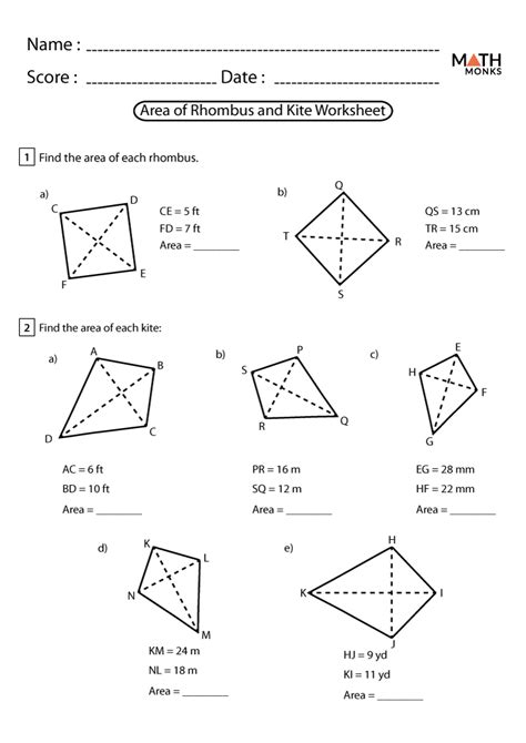 area of rhombus and kite worksheet pdf