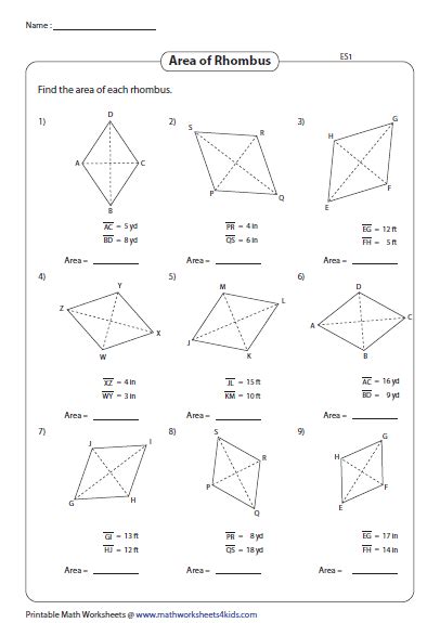 area of rhombus worksheet class 8