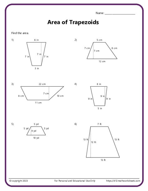 Trapezoid Area Worksheet