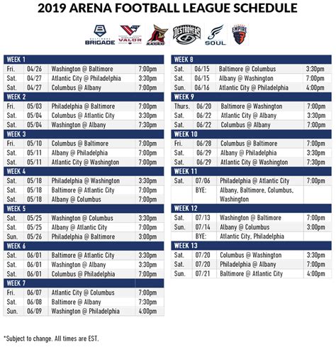 arena football league schedule