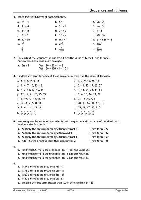 arithmetic sequence finding the nth term worksheet answers