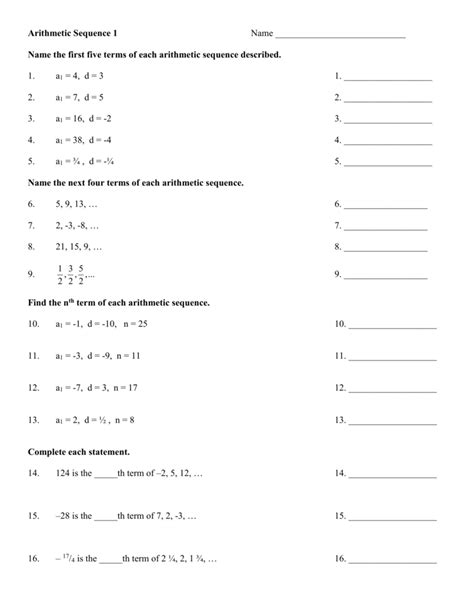 arithmetic sequences practice worksheet answers