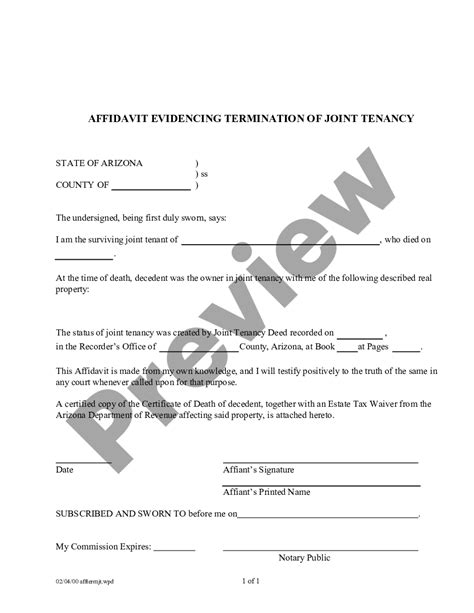 Tempe Arizona Affidavit Regarding Termination of Community Property