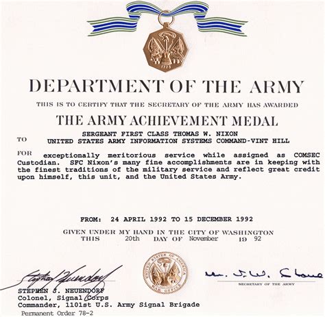US Army Certificate Of Achievement