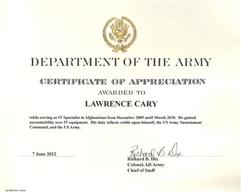 Army Certificate Of Appreciation