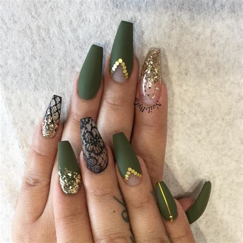 Army green coffin nail with metallic long for fall Nail ideas Green