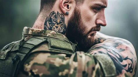 Tattoo of a military insignia on a person's neck