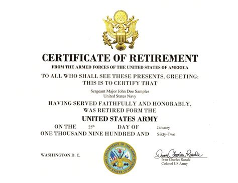 Major Robert F. Burns Army Retirement Certificate