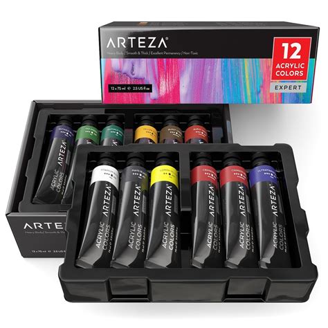 ARTEZA Expert Acrylic Paint, set of 12 Colors/Tubes, 75ml/2.53 oz with