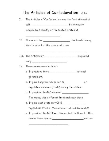 articles of confederation worksheet 8th grade