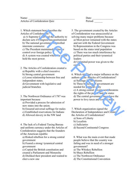 articles of confederation worksheet answer key