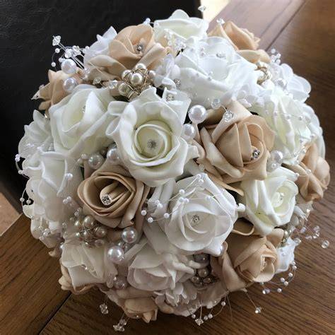 Brides Light Pink & Ivory Artificial Foam Rose Wedding Bouquet with Di