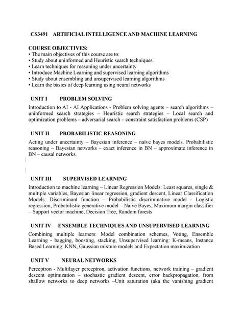 artificial intelligence and machine learning course syllabus