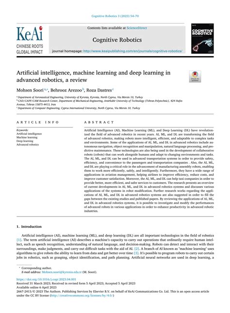 artificial intelligence machine learning and deep learning in advanced robotics a review