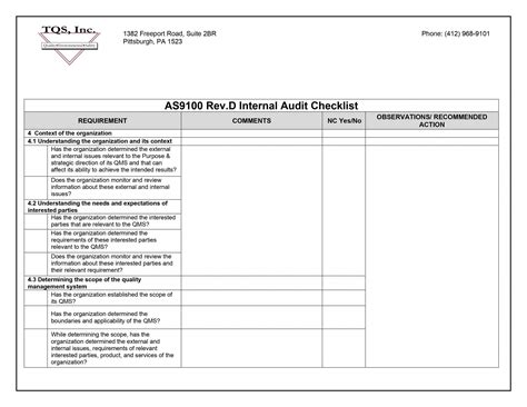 as9100 checklist for internal audits