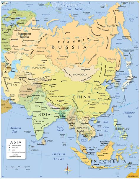 Large detailed political map of Asia with relief, capitals and major