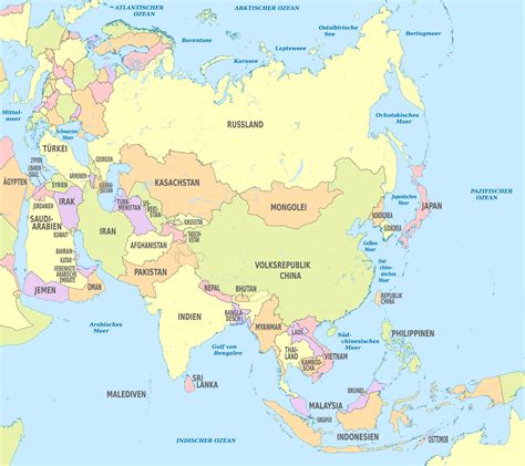 Asien Karten Länder, Hauptstädte, Gebirge, Flüsse, Meere