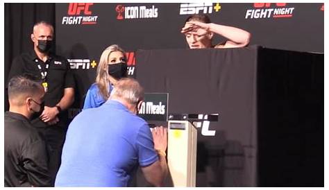 Aspen Ladd poses on the scale during the UFC Fight Night