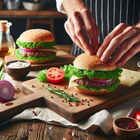 Assembling burger with toppings