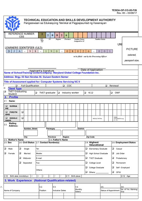 assessment form tesda