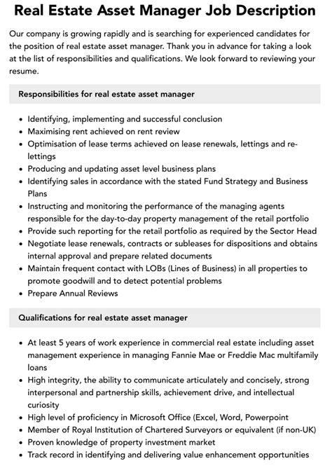 asset manager real estate job