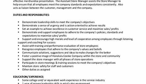 Assistant Store Manager Job Description In Retail Depart Free Resume Here Is Resume Sample For You If You Are terested Assi