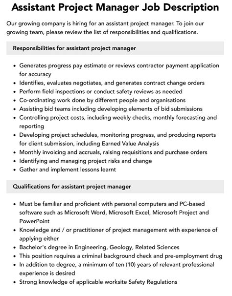 assistant it project manager job description