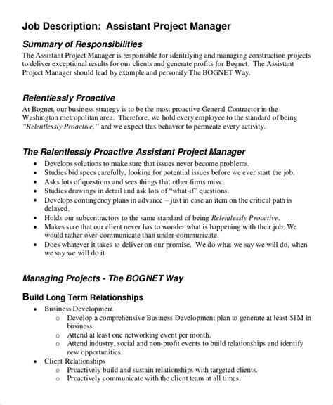 assistant project manager job description pdf