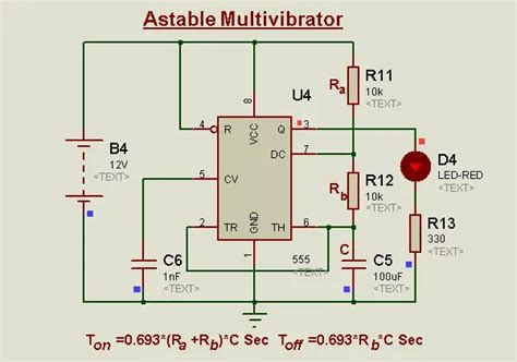 astable multivibrator using 555 timer proteus