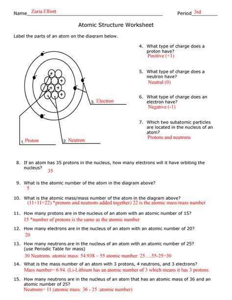 atomic structure worksheet answer key 8th grade