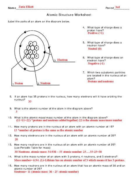 atomic structure worksheet answers key