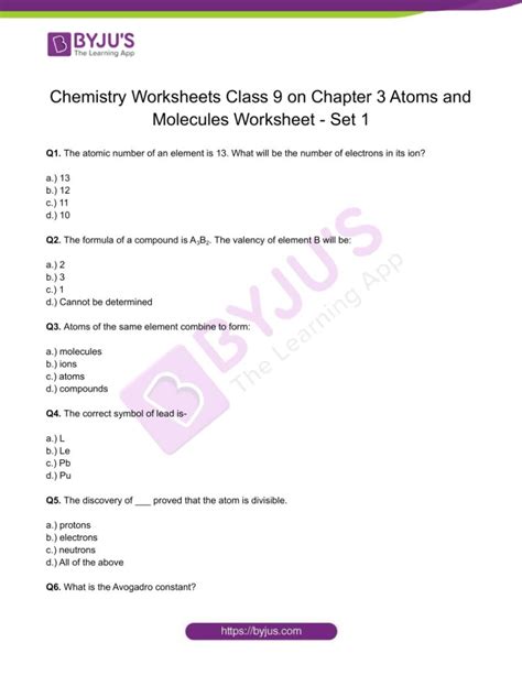 atoms and molecules worksheet class 9