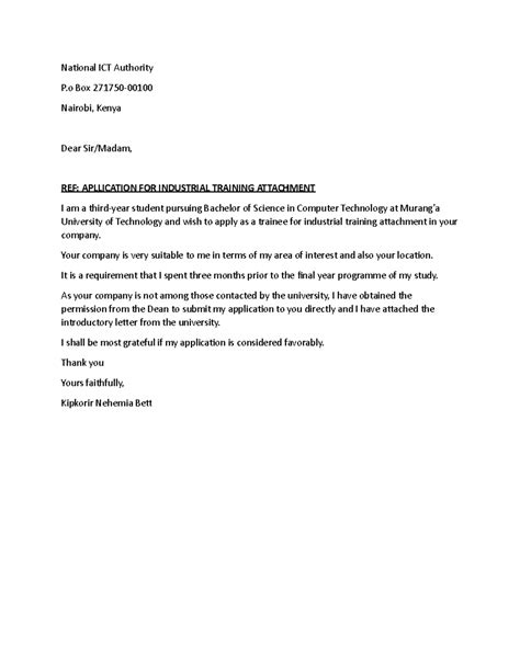 Attachment Application Letter Sample Kenya
