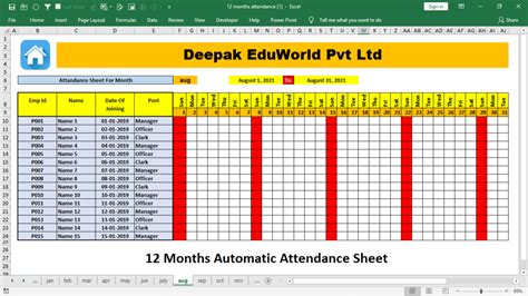 Advance ATTENDANCE SHEET in Excel "fully Automated" by learning center
