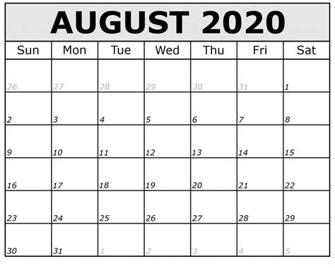 Aug Calendar Printable