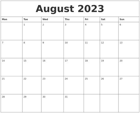 August 2023 Calendar Printable Word