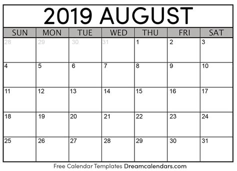 August 2019 Free Printable