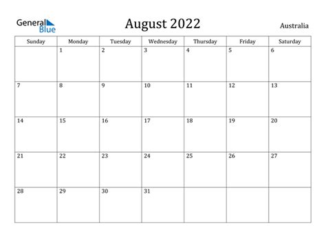 august calendar 2022 australia