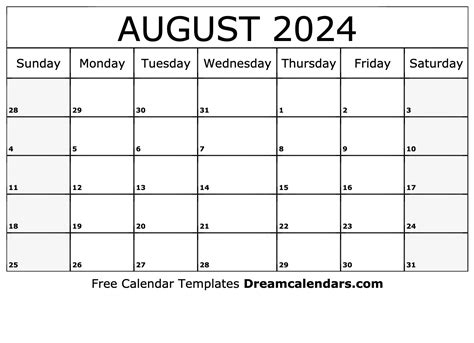 August Calendar Template 2024