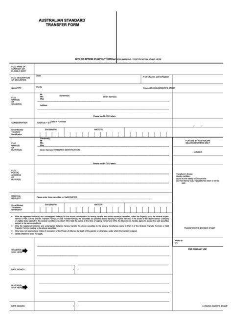 australian standard transfer form