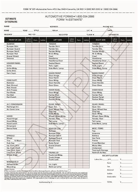 Auto Repair form Template Fresh Body Shop Repair Estimate Template