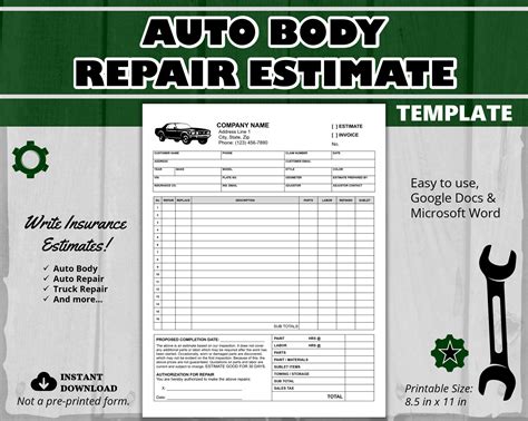 auto body repair cost estimate form