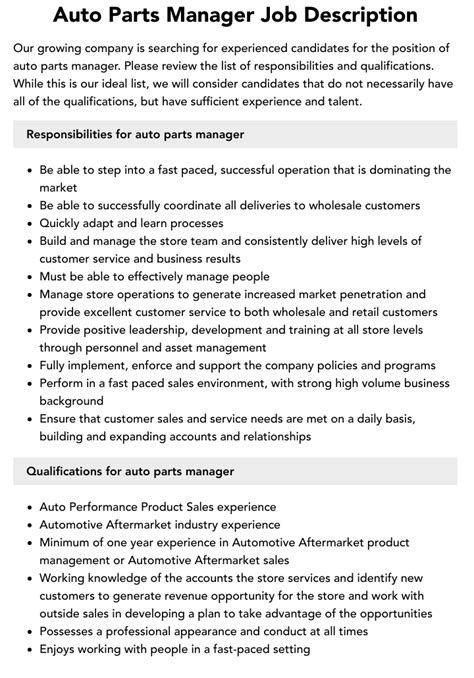 Auto Parts Handler Job Description