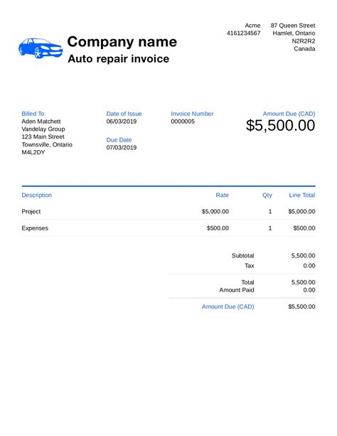 Car Service Invoice Template Free Download