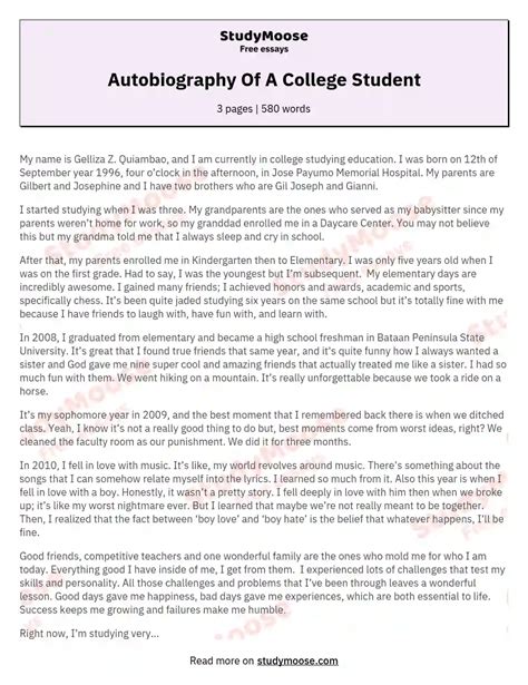 013 Student Autobiography Template College Example Essential Likeness