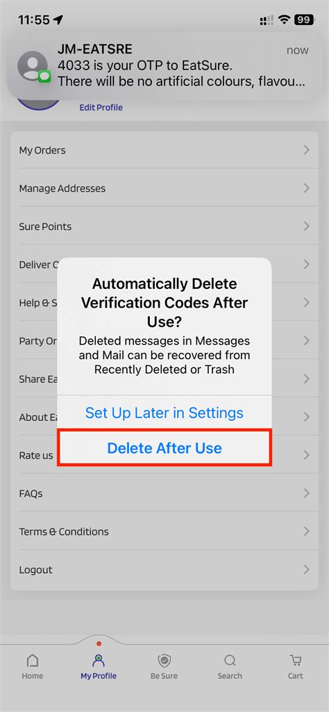 automatically delete code messages iphone