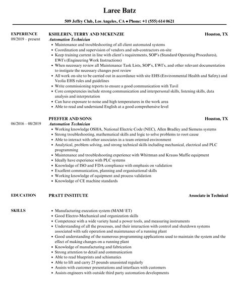 automation technician resume examples