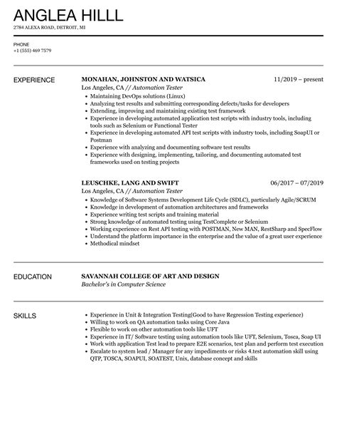 automation testing resume sample for freshers